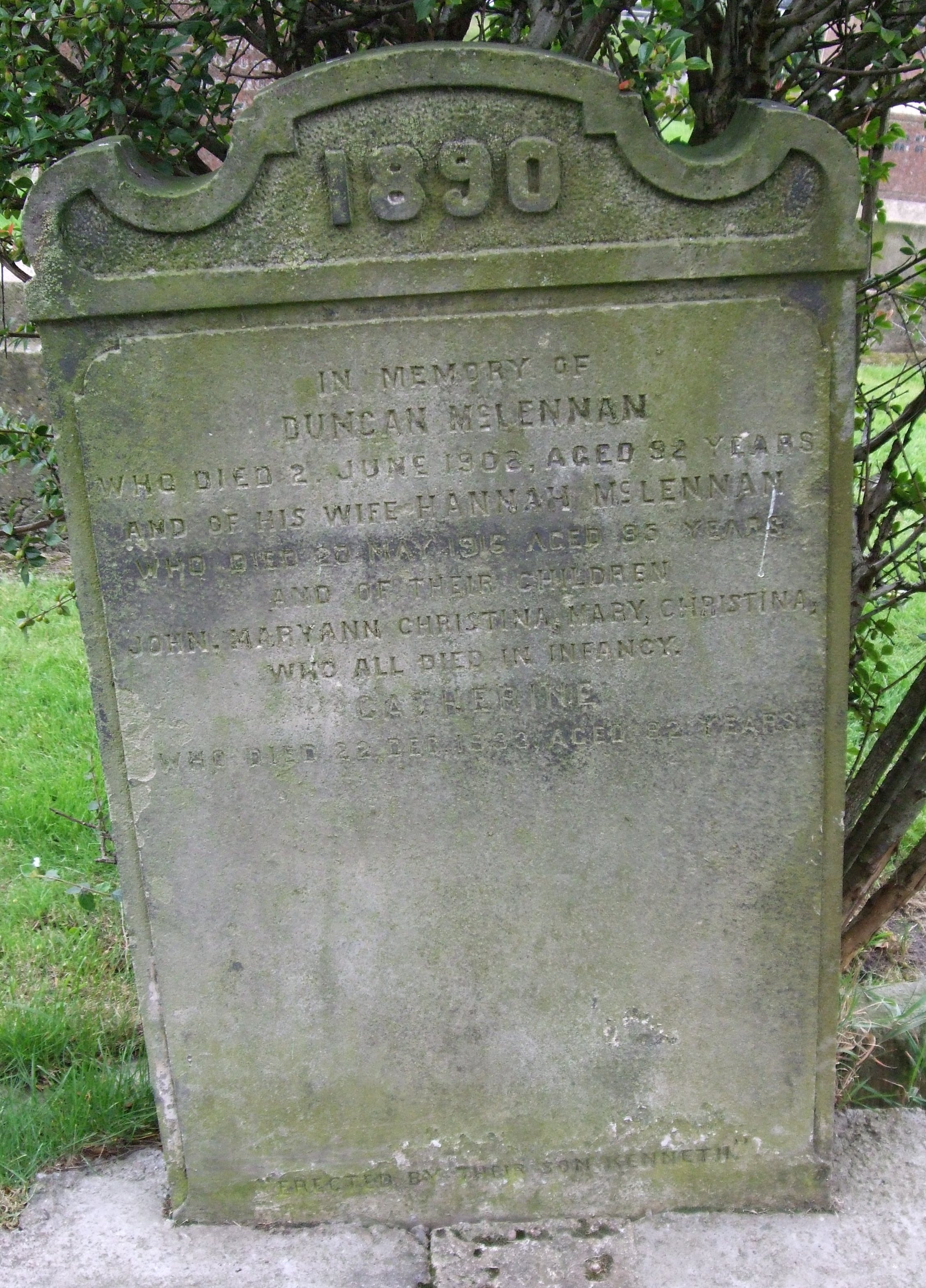 Photo of headstones/Duncan McLennan d1908 hstn InvOldHighChyd &fam